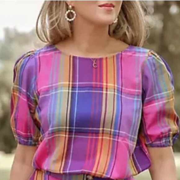 Ann Taylor Madras Plaid Smocked Hem Top - Picture 5 of 5